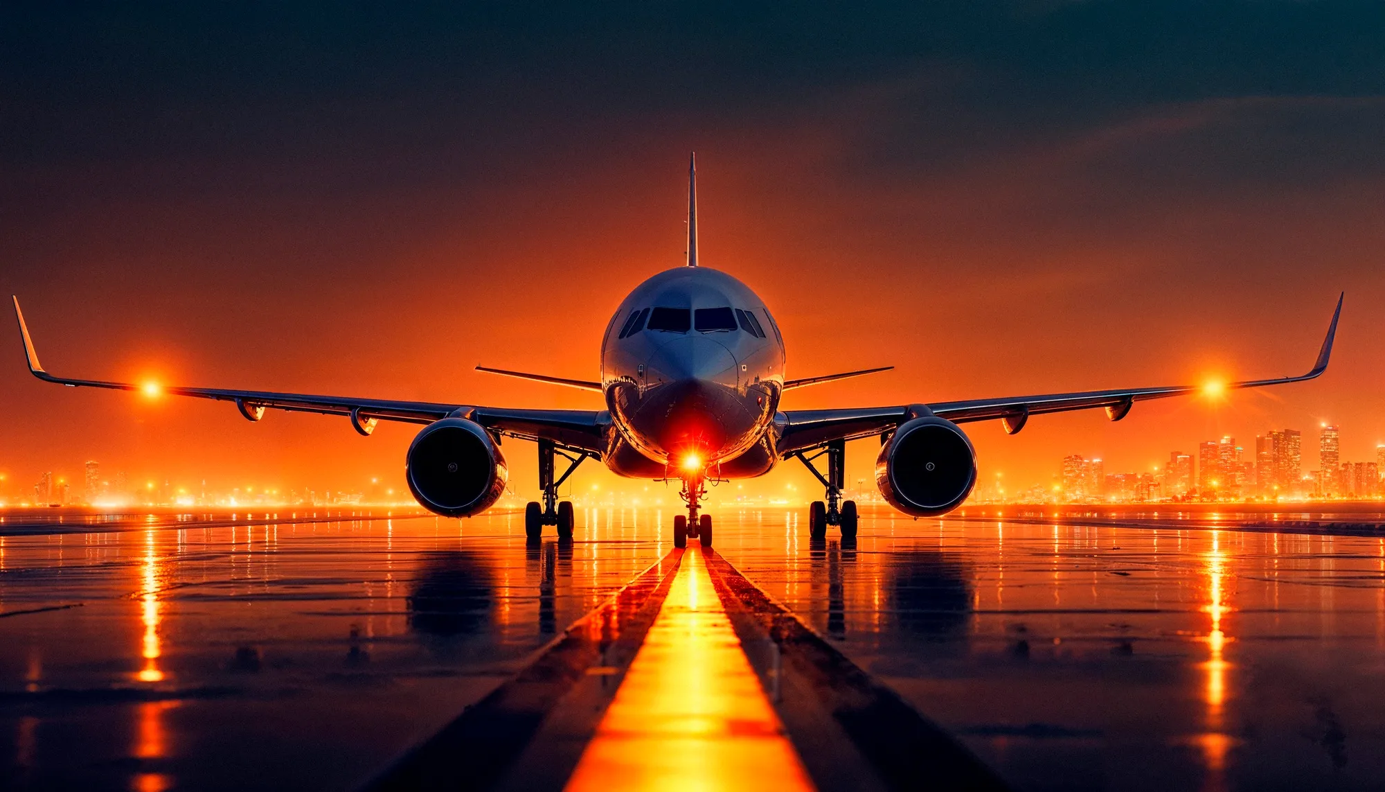 Front view of a passenger airplane on wet runway at sunset with city lights in the background.