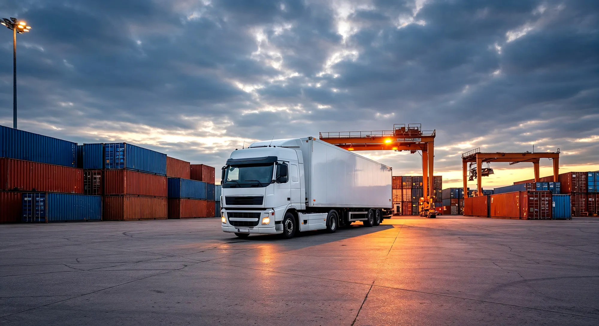 White semi-truck parked at a shipping container yard during sunset with cranes and stacked containers.