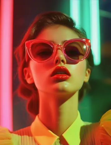 Young woman with slicked-back hair wearing red cat-eye sunglasses and a yellow shirt under neon lights.