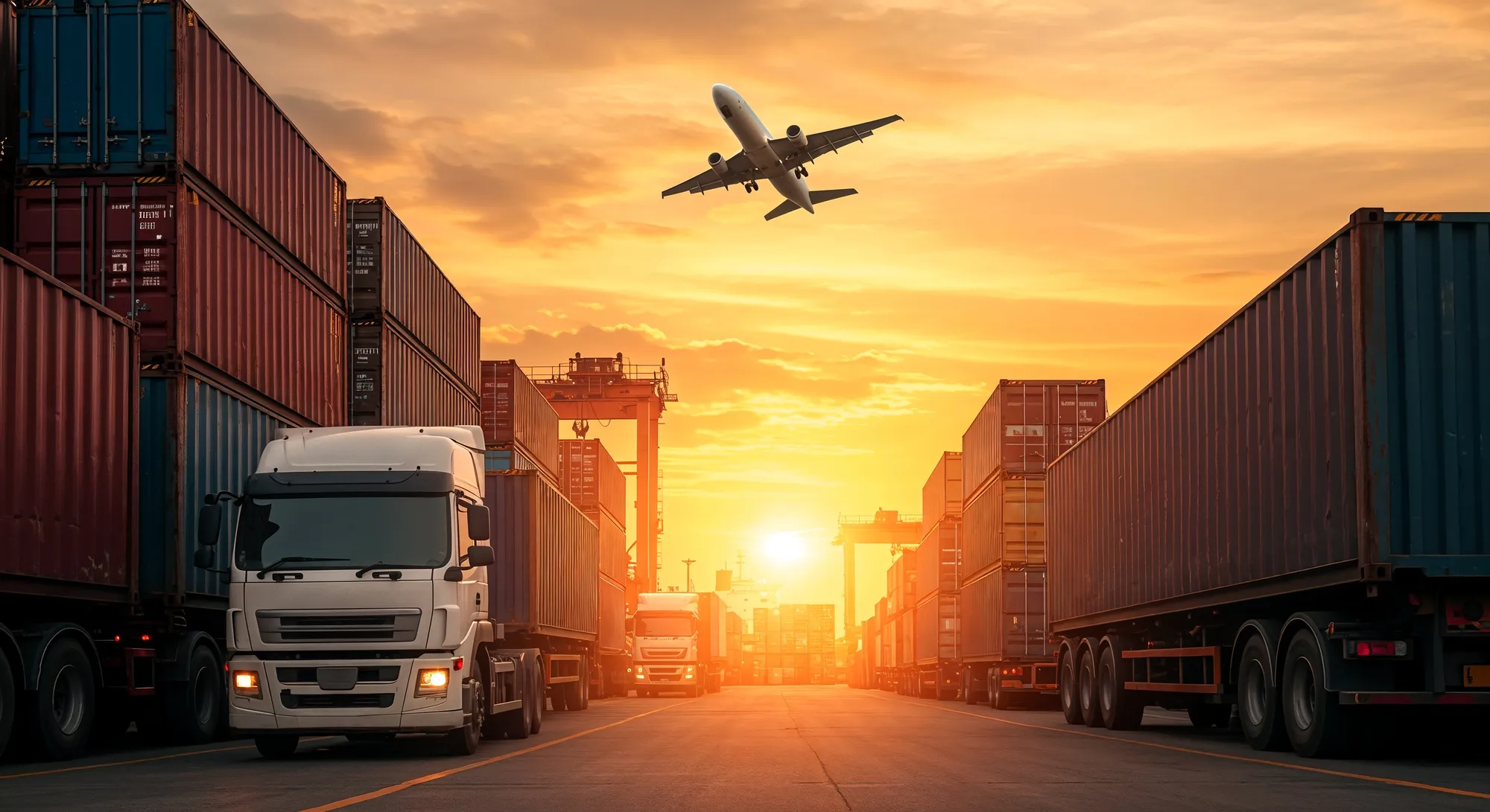 Cargo trucks with containers parked at a port under an airplane flying at sunset.