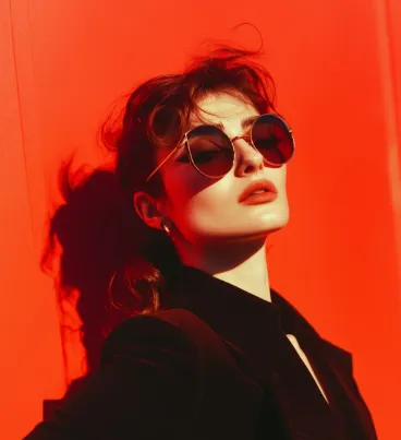 Woman with sunglasses and red lipstick posing against a bright red background in black attire.