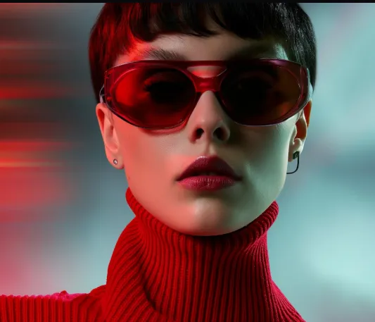 Person with short dark hair wearing red sunglasses and a red turtleneck sweater against a blurred background.
