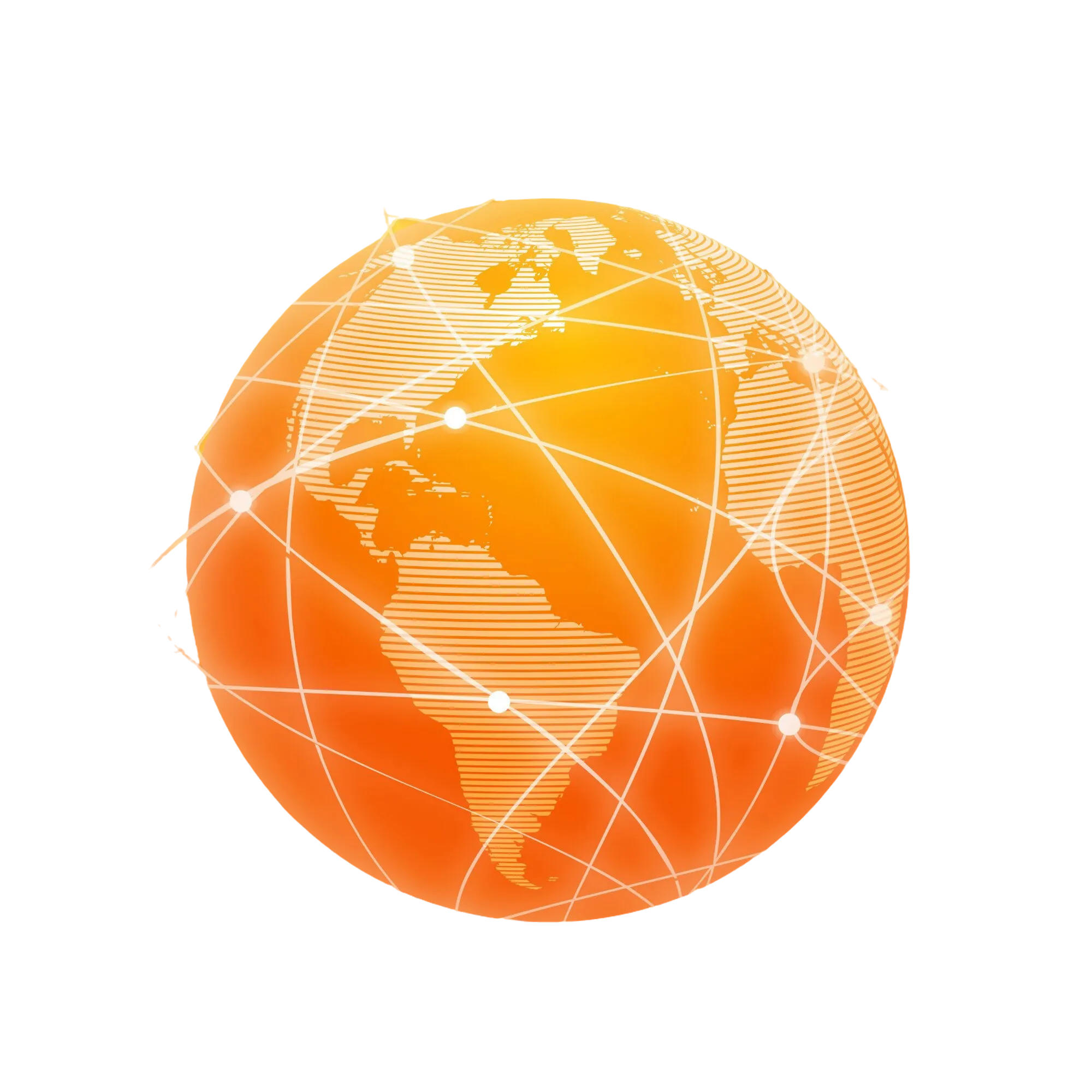 Orange globe showing Americas with white network lines and connecting dots.