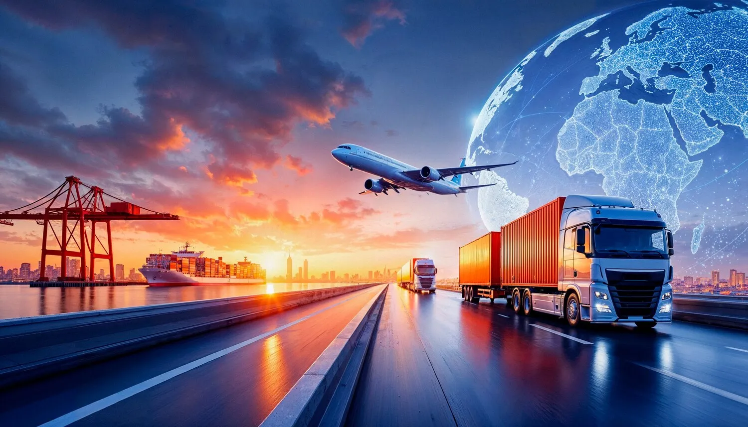 Cargo trucks on highway, container ship in port, plane flying, with a digital globe overlay at sunset.
