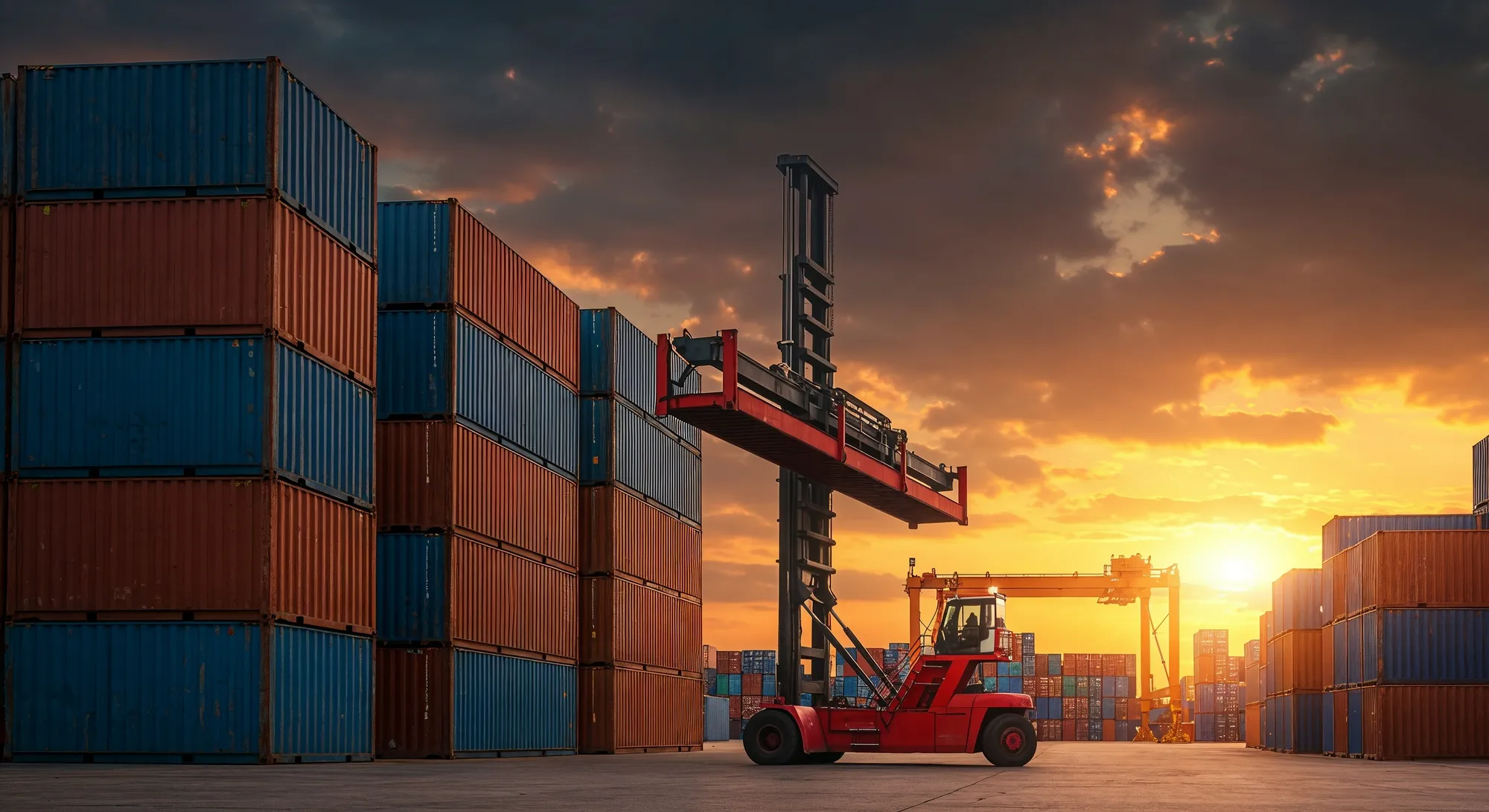 Red forklift lifting a shipping container among stacks of containers at sunset in a shipping yard.