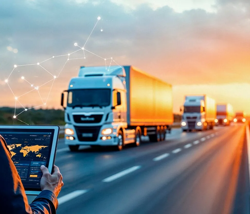 Person holds tablet showing world map and data, trucks drive on highway at sunset.