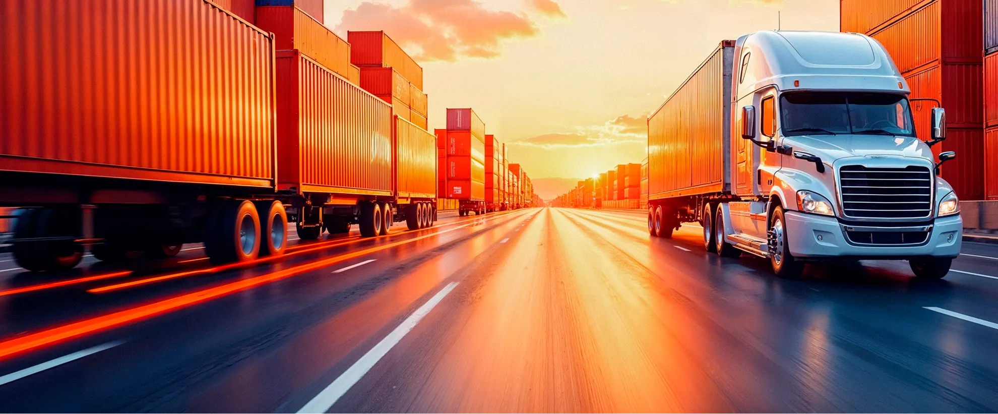 Two large semi-trucks driving on a highway lined with stacked shipping containers at sunset.