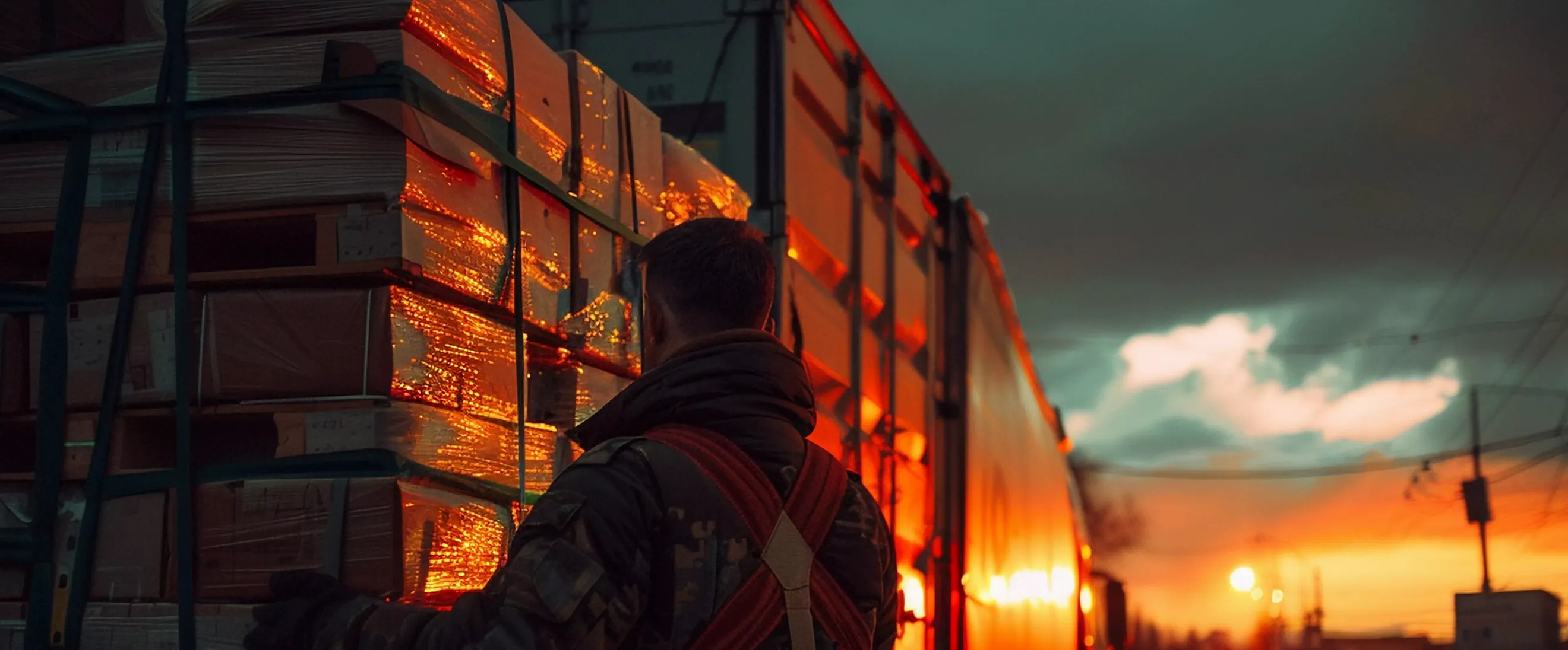 Man wearing a jacket and harness looking at stacked cargo on a truck during sunset.
